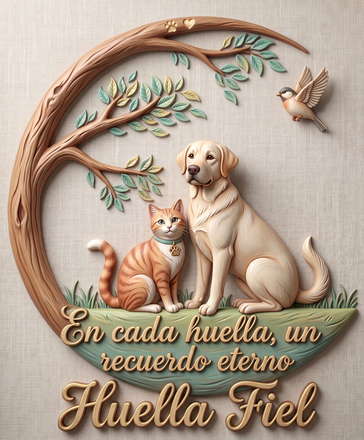 Huella Fiel — En cada huella, un recuerdo eterno. Un labrador y un gato sentados bajo un árbol, con un pájaro en vuelo.